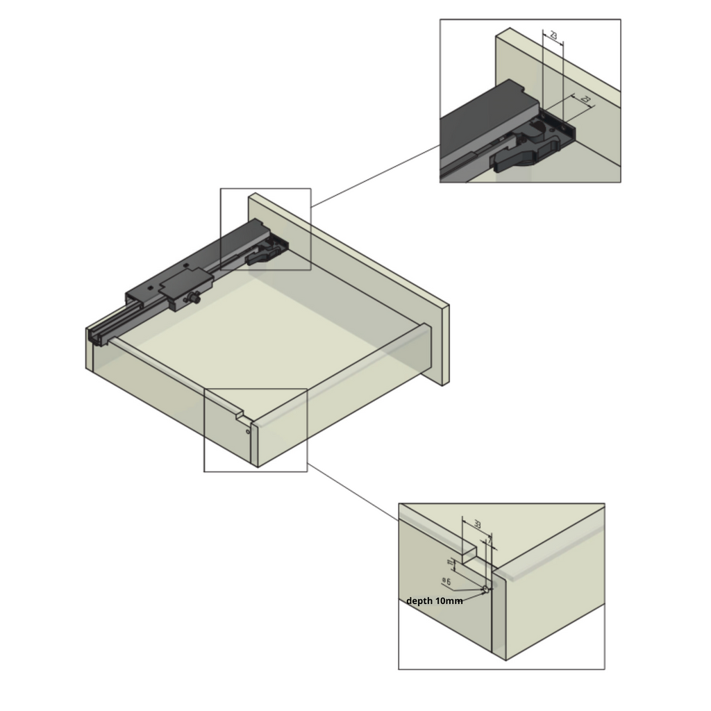 Push-to-Open Undermount Slides (left and right), Full Extension - 18 inch