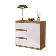 MIKEL - Chest of 3 Drawers and 1 Door - Bedroom Dresser Storage Cabinet Sideboard - Wotan Oak / White Matt H29 1/2" W31 1/2" D13 3/4"