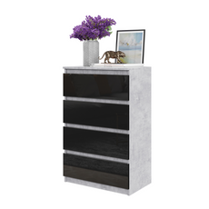 GABRIEL - Chest of 4 Drawers - Bedroom Dresser Storage Cabinet Sideboard - Concrete / Black Gloss H36 3/8" W23 5/8" D13 1/4"