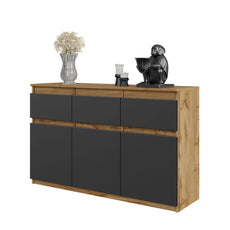 NOAH - Chest of 3 Drawers and 3 Doors - Bedroom Dresser Storage Cabinet Sideboard - Wotan Oak / Anthracite H29 1/2" W47 1/4" D13 3/4"