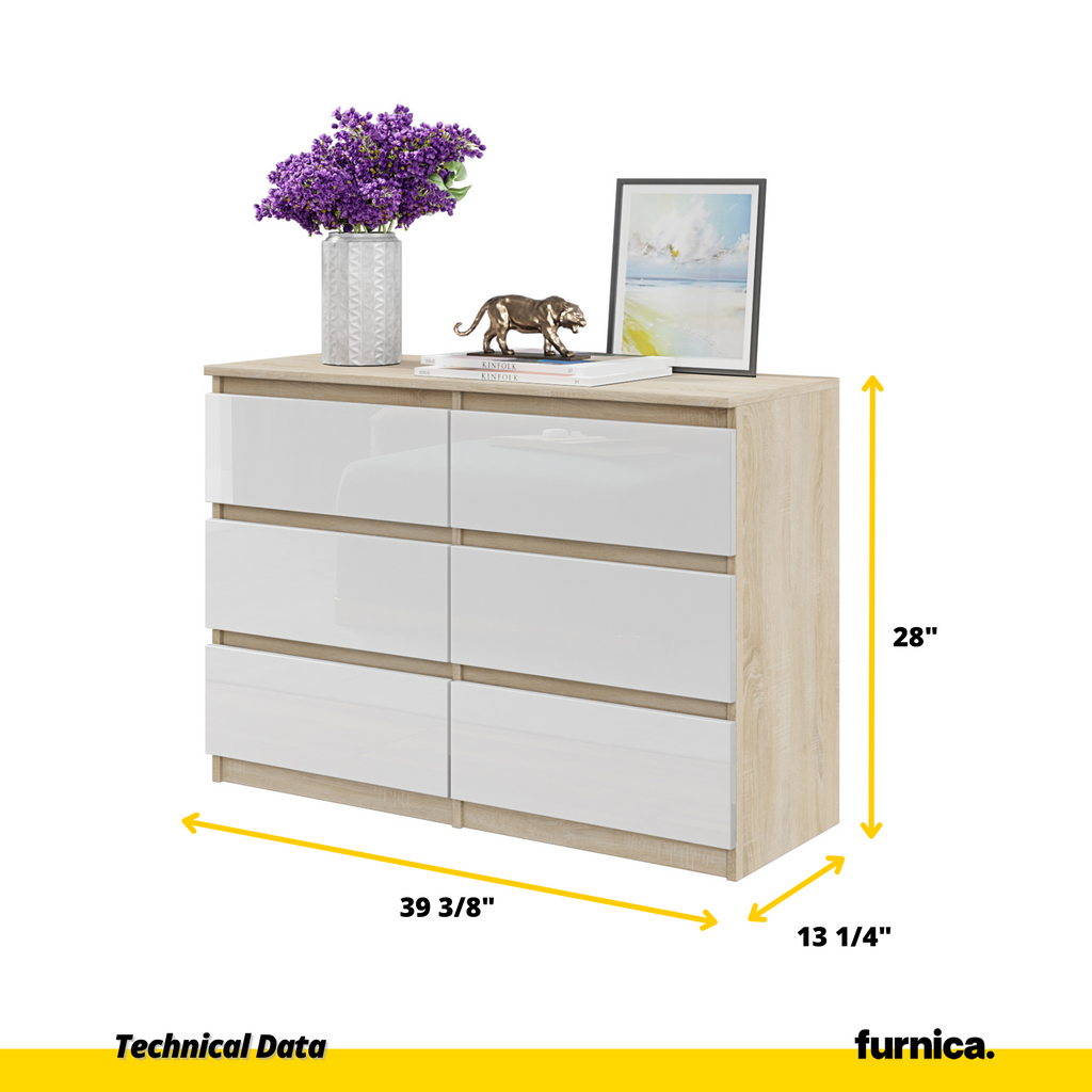 GABRIEL - Chest of 6 Drawers - Bedroom Dresser Storage Cabinet Sideboard - Sonoma Oak / White Gloss H28" W39 3/8" D13"