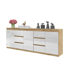 MIKEL - Chest of 6 Drawers and 3 Doors - Bedroom Dresser Storage Cabinet Sideboard - Wotan Oak / White Gloss H29 1/2" W78 3/4" D13 3/4"