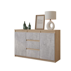 MIKEL - Chest of 3 Drawers and 2 Doors - Bedroom Dresser Storage Cabinet Sideboard - Sonoma Oak / Concrete H29 1/2" W47 1/4" D13 3/4"
