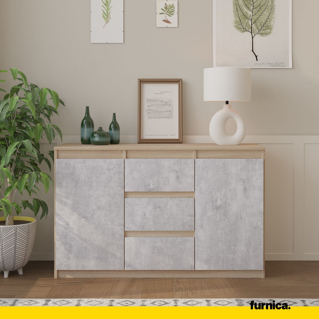 MIKEL - Chest of 3 Drawers and 2 Doors - Bedroom Dresser Storage Cabinet Sideboard - Sonoma Oak / Concrete H29 1/2" W47 1/4" D13 3/4"