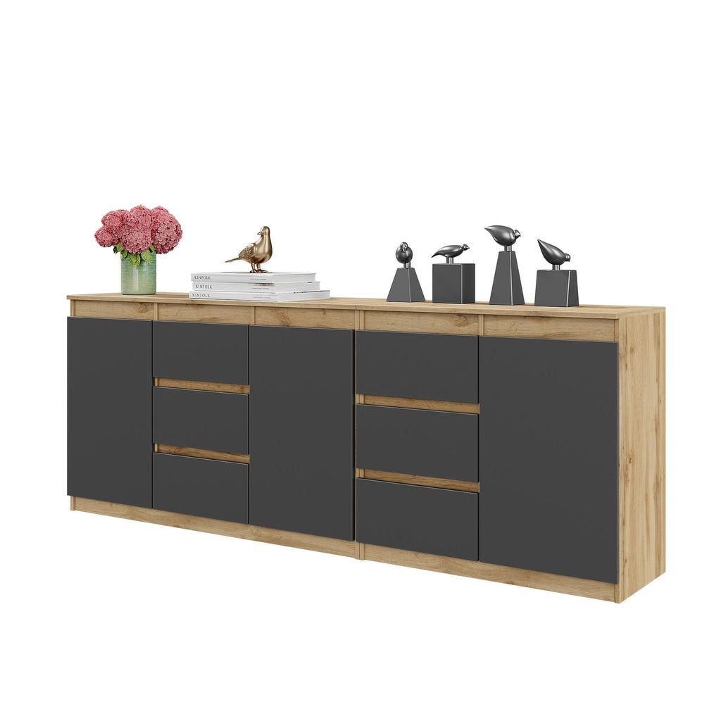 MIKEL - Chest of 6 Drawers and 3 Doors - Bedroom Dresser Storage Cabinet Sideboard - Wotan Oak / Anthracite H29 1/2" W78 3/4" D13 3/4"