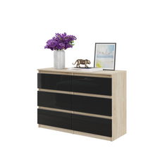 GABRIEL - Chest of 6 Drawers - Bedroom Dresser Storage Cabinet Sideboard - Sonoma Oak / Black Gloss H28" W39 3/8" D13"