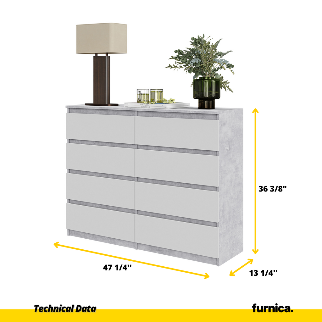 GABRIEL - Chest of 8 Drawers - Bedroom Dresser Storage Cabinet Sideboard - Concrete / White Matt H36 3/8" W47 1/4" D13 1/4"