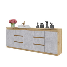 MIKEL - Chest of 6 Drawers and 3 Doors - Bedroom Dresser Storage Cabinet Sideboard - Wotan Oak / Concrete H29 1/2" W78 3/4" D13 3/4"