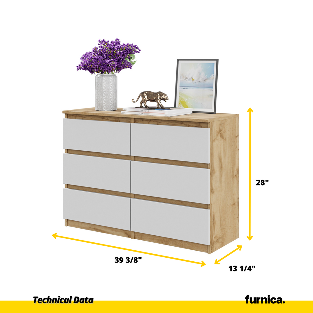 GABRIEL - Chest of 6 Drawers - Bedroom Dresser Storage Cabinet Sideboard - Wotan Oak / White Matt H28" W39 3/8" D13"