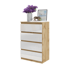 GABRIEL - Chest of 4 Drawers - Bedroom Dresser Storage Cabinet Sideboard - Wotan Oak / White Gloss H36 3/8" W23 5/8" D13 1/4"