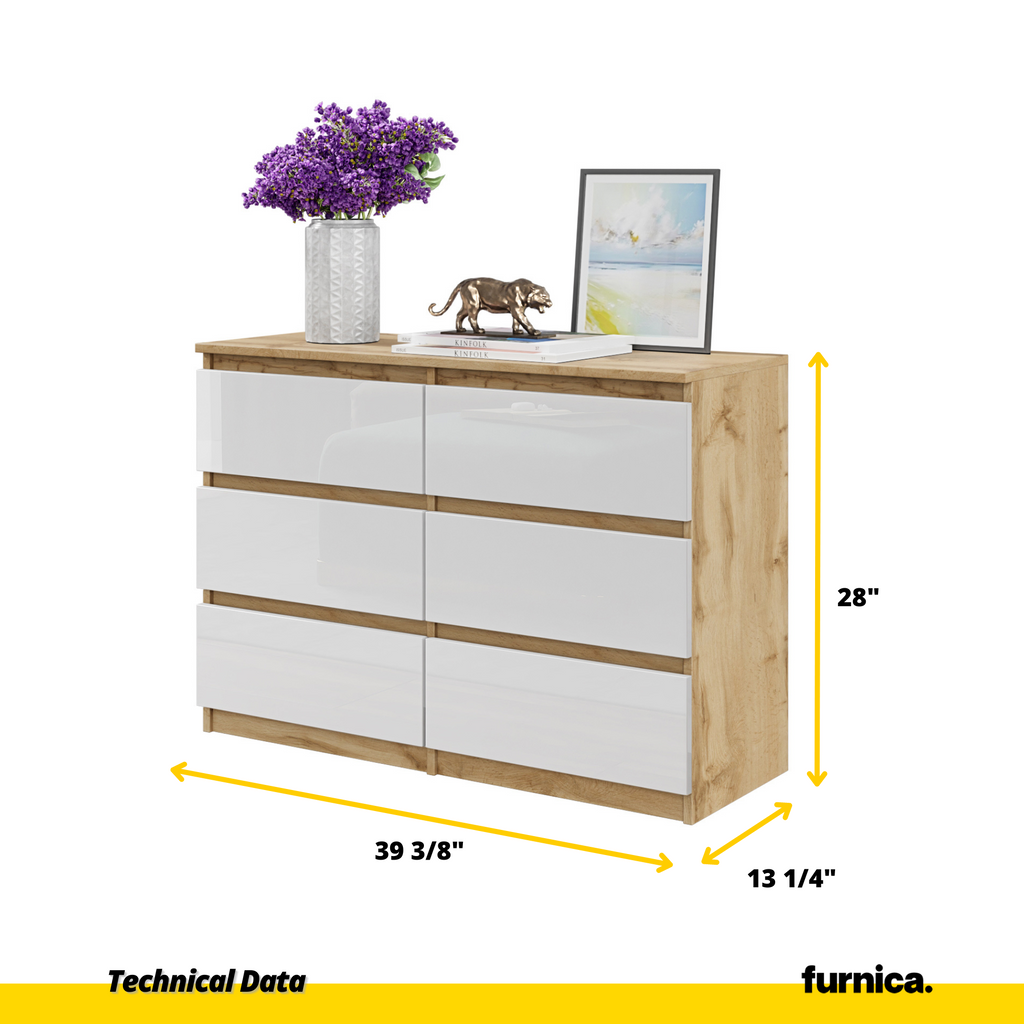 GABRIEL - Chest of 6 Drawers - Bedroom Dresser Storage Cabinet Sideboard - Wotan Oak / White Gloss H28" W39 3/8" D13"