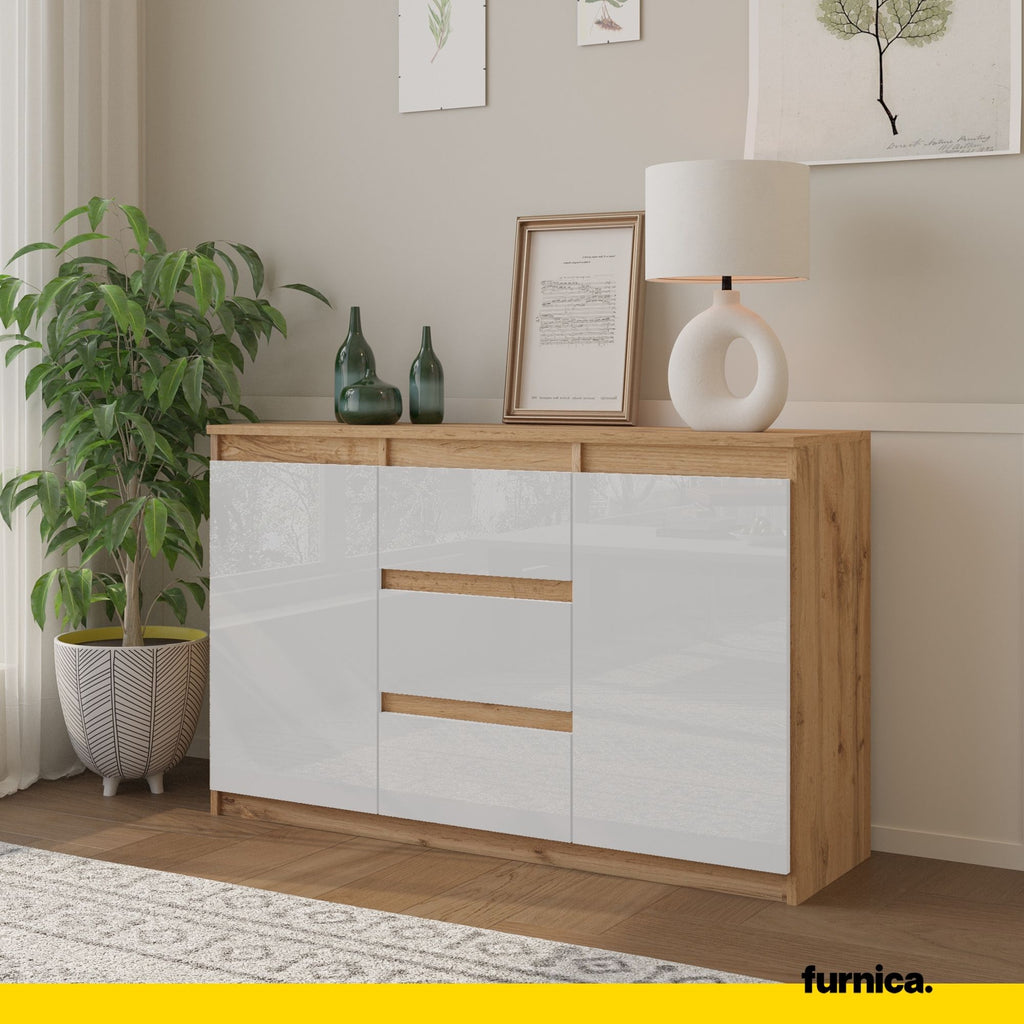 MIKEL - Chest of 3 Drawers and 2 Doors - Bedroom Dresser Storage Cabinet Sideboard - Wotan Oak / White Gloss H29 1/2" W47 1/4" D13 3/4"