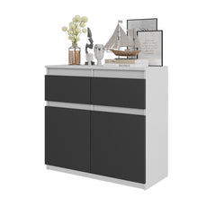 NOAH - Chest of 2 Drawers and 2 Doors - Bedroom Dresser Storage Cabinet Sideboard - White Matt / Anthracite H75cm W80cm D35cm