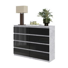 GABRIEL - Chest of 8 Drawers - Bedroom Dresser Storage Cabinet Sideboard - Concrete / Black Gloss H36 3/8" W47 1/4" D13 1/4"