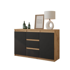 MIKEL - Chest of 3 Drawers and 2 Doors - Bedroom Dresser Storage Cabinet Sideboard - Wotan Oak / Anthracite H29 1/2" W47 1/4" D13 3/4"
