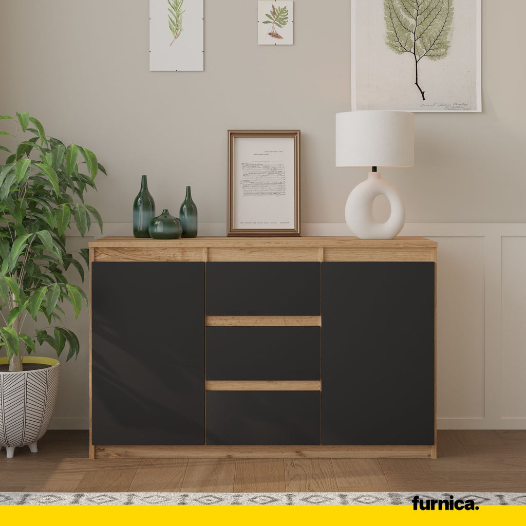 MIKEL - Chest of 3 Drawers and 2 Doors - Bedroom Dresser Storage Cabinet Sideboard - Wotan Oak / Anthracite H29 1/2" W47 1/4" D13 3/4" - Furnica MIKEL - Chest of 3 Drawers and 2 Doors - Bedroom Dresser Storage Cabinet Sideboard - Wotan Oak / Anthracite H29 1/2" W47 1/4" D13 3/4" - Furnica