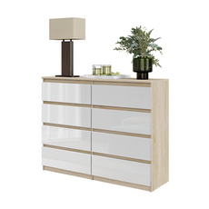 GABRIEL - Chest of 8 Drawers - Bedroom Dresser Storage Cabinet Sideboard - Sonoma Oak / White Gloss H36 3/8" W47 1/4" D13 1/4"