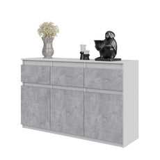 NOAH - Chest of 3 Drawers and 3 Doors - Bedroom Dresser Storage Cabinet Sideboard - White Matt / Concrete H29 1/2" W47 1/4" D13 3/4"