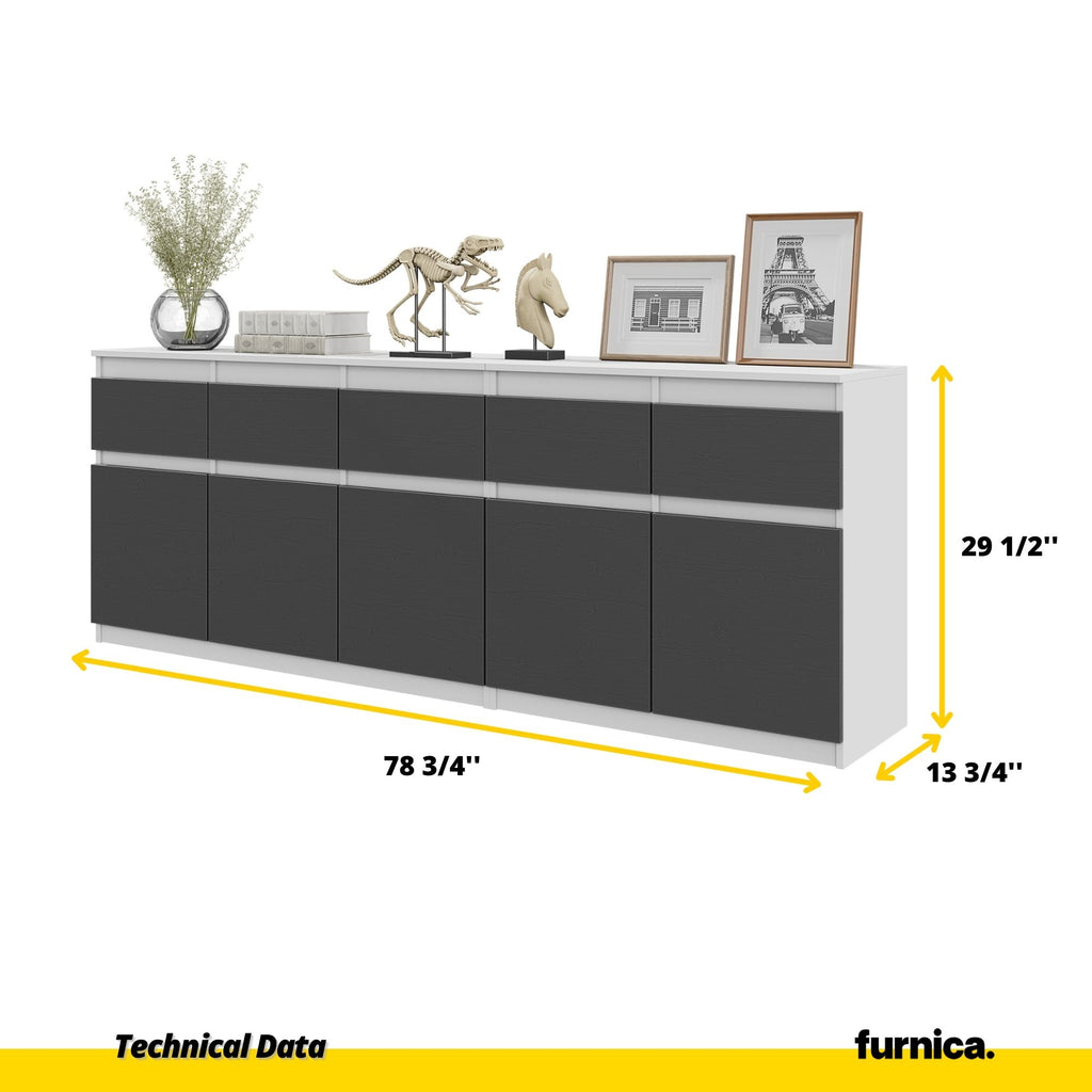 NOAH - Chest of 5 Drawers and 5 Doors - Bedroom Dresser Storage Cabinet Sideboard - White Matt / Anthracite H29 1/2" W78 3/4" D13 3/4"