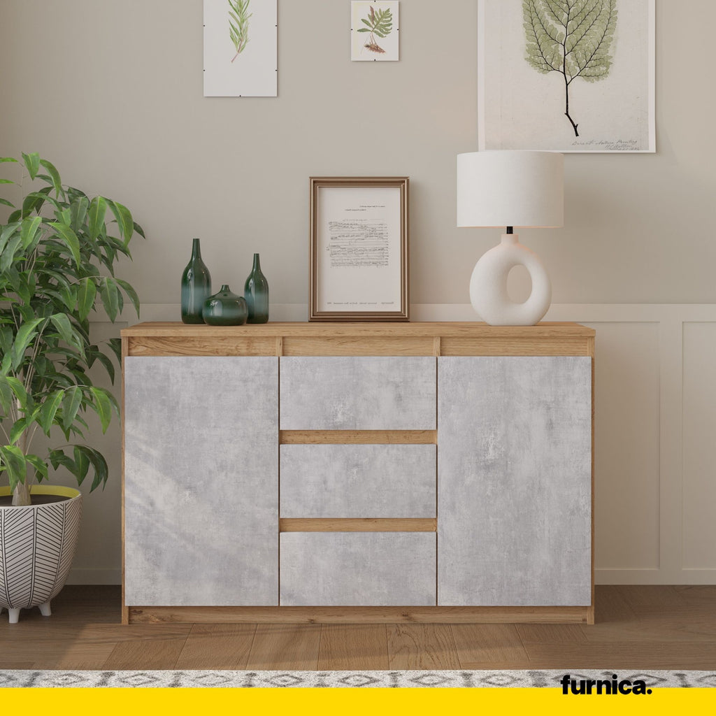 MIKEL - Chest of 3 Drawers and 2 Doors - Bedroom Dresser Storage Cabinet Sideboard - Wotan Oak / Concrete H29 1/2" W47 1/4" D13 3/4"