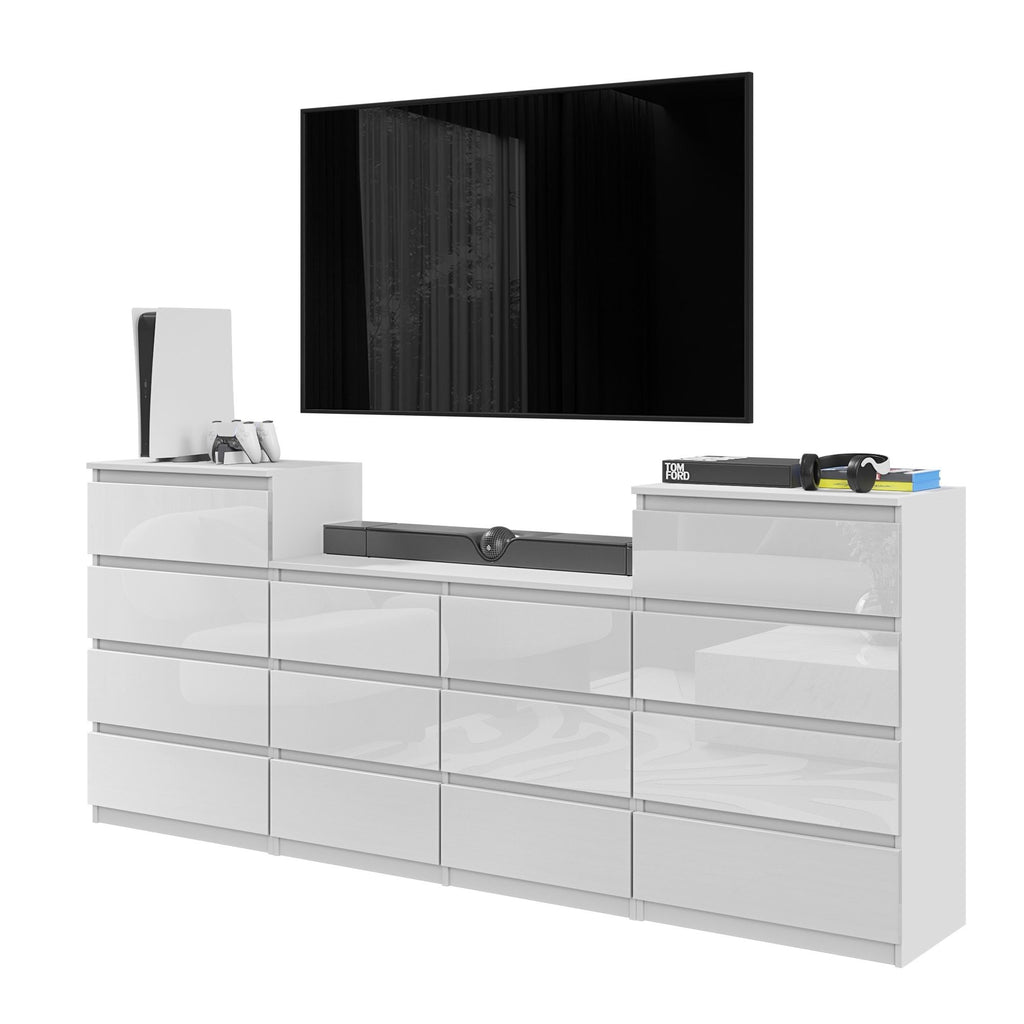 GABRIEL - Chest of 14 Drawers (4+6+4) - Bedroom Dresser Storage Cabinet Sideboard - White Gloss H36 3/8" W86 5/8" D13 1/4"