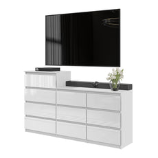 GABRIEL - Chest of 10 Drawers (6+4) - Bedroom Dresser Storage Cabinet Sideboard - White Gloss H36 3/8" / 27 1/2" W63" D13 1/4"