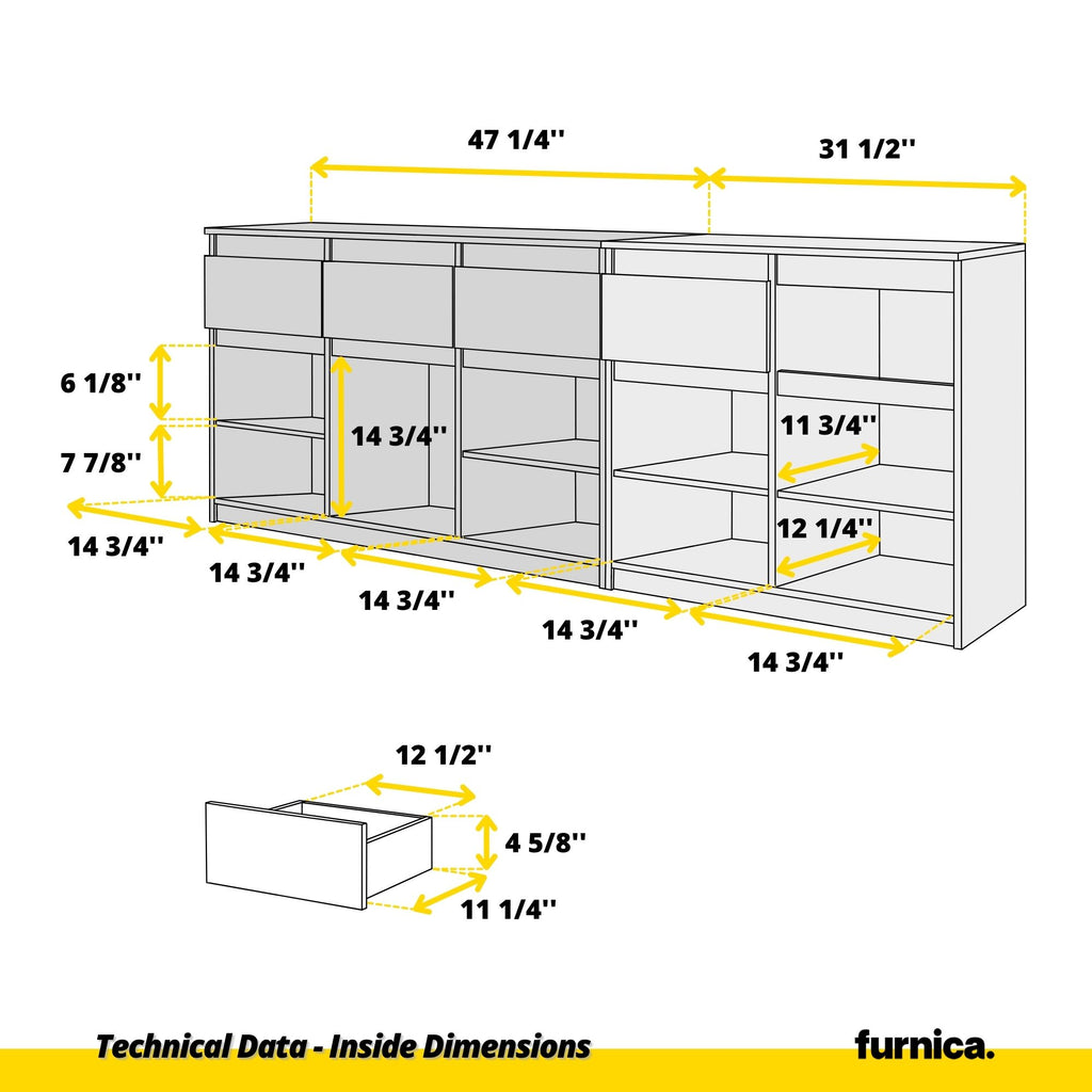 NOAH - Chest of 5 Drawers and 5 Doors - Bedroom Dresser Storage Cabinet Sideboard - Sonoma Oak / White Matt H29 1/2" W78 3/4" D13 3/4"