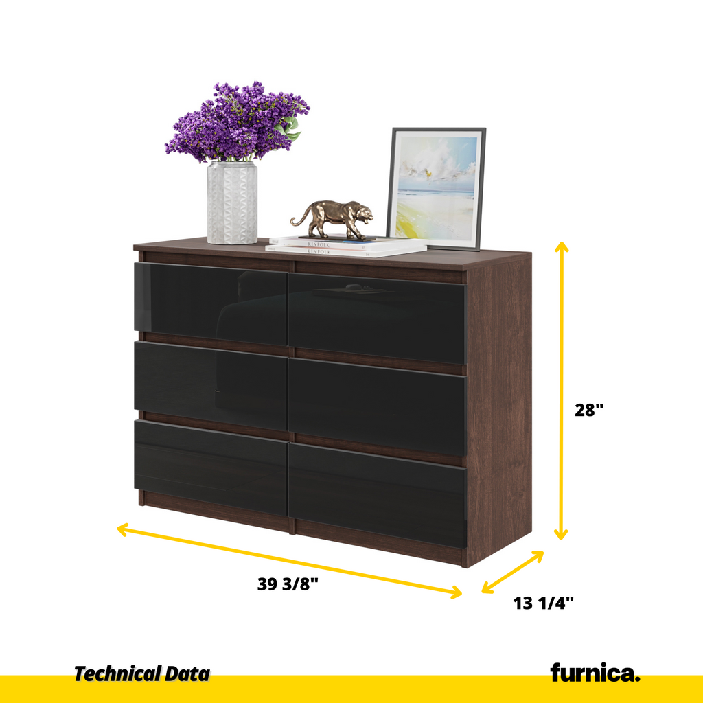 GABRIEL - Chest of 6 Drawers - Bedroom Dresser Storage Cabinet Sideboard - Wenge / Black Gloss H28" W39 3/8" D13"