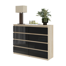 GABRIEL - Chest of 8 Drawers - Bedroom Dresser Storage Cabinet Sideboard - Sonoma Oak / Black Gloss H36 3/8" W47 1/4" D13 1/4"