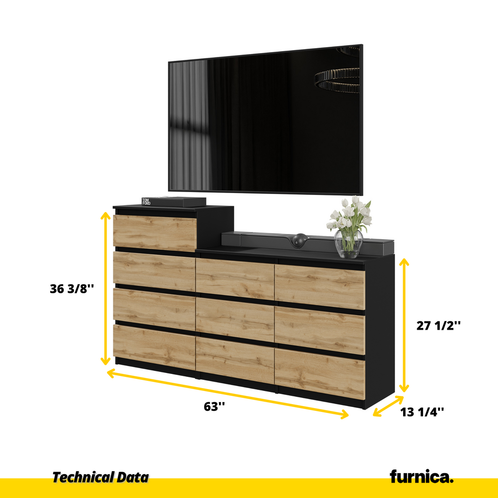 GABRIEL - Chest of 10 Drawers (6+4) - Bedroom Dresser Storage Cabinet Sideboard - Black Matt / Wotan Oak H36 3/8" / 27 1/2" W63" D13 1/4"