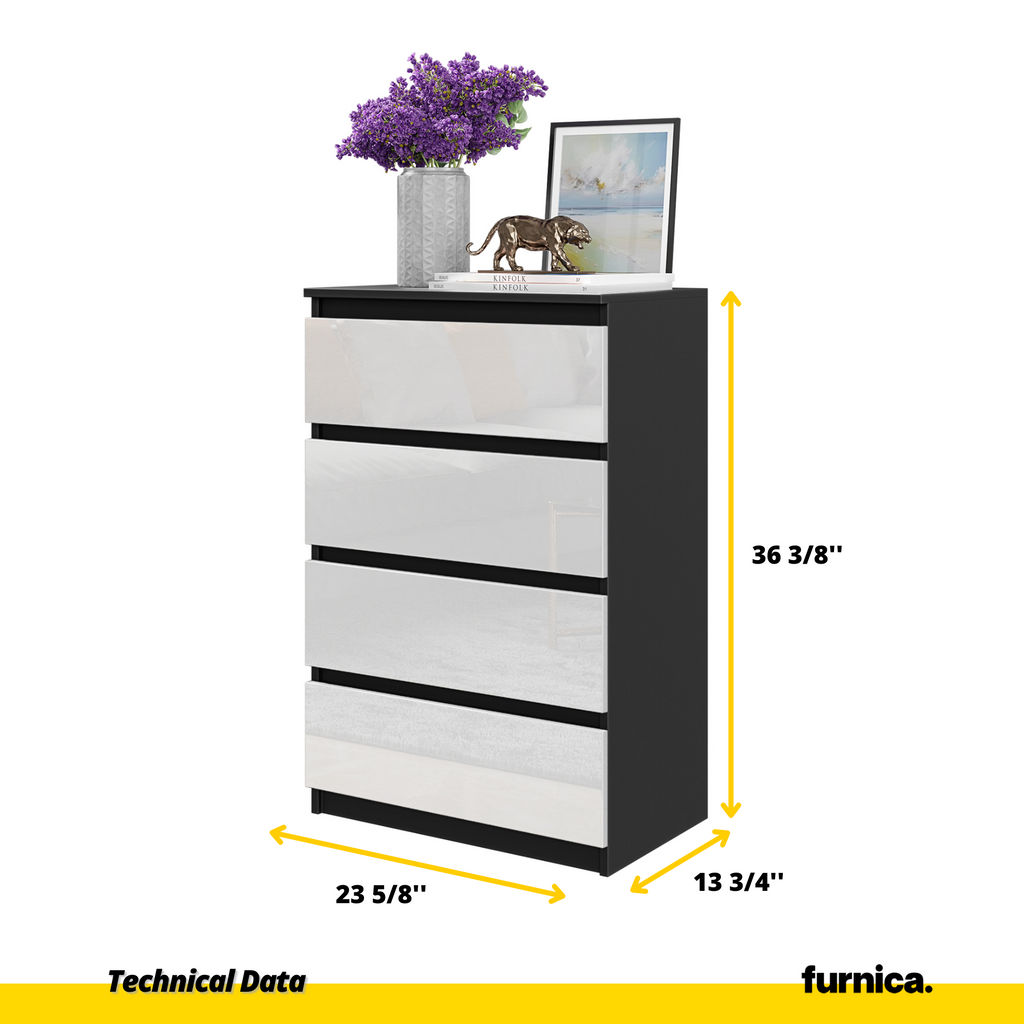 GABRIEL - Chest of 4 Drawers - Bedroom Dresser Storage Cabinet Sideboard - Black Matt / White Gloss H36 3/8" W23 5/8" D13 1/4"