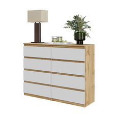 GABRIEL - Chest of 8 Drawers - Bedroom Dresser Storage Cabinet Sideboard - Wotan Oak / White Matt H36 3/8" W47 1/4" D13 1/4"