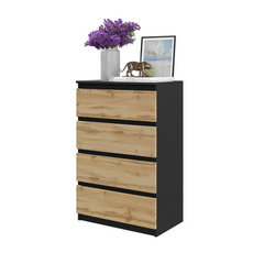GABRIEL - Chest of 4 Drawers - Bedroom Dresser Storage Cabinet Sideboard - Black Matt / Wotan Oak H36 3/8" W23 5/8" D13 1/4"