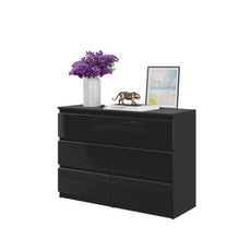 GABRIEL - Chest of 6 Drawers - Bedroom Dresser Storage Cabinet Sideboard - Black Matt / Black Gloss H28" W39 3/8" D13"