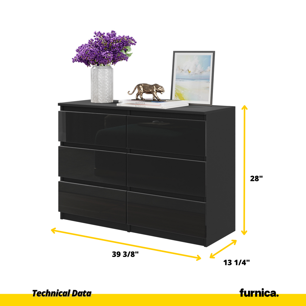 GABRIEL - Chest of 6 Drawers - Bedroom Dresser Storage Cabinet Sideboard - Black Matt / Black Gloss H28" W39 3/8" D13"