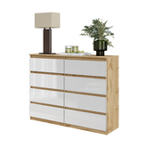 GABRIEL - Chest of 8 Drawers - Bedroom Dresser Storage Cabinet Sideboard - Wotan Oak / White Gloss H36 3/8" W47 1/4" D13 1/4"