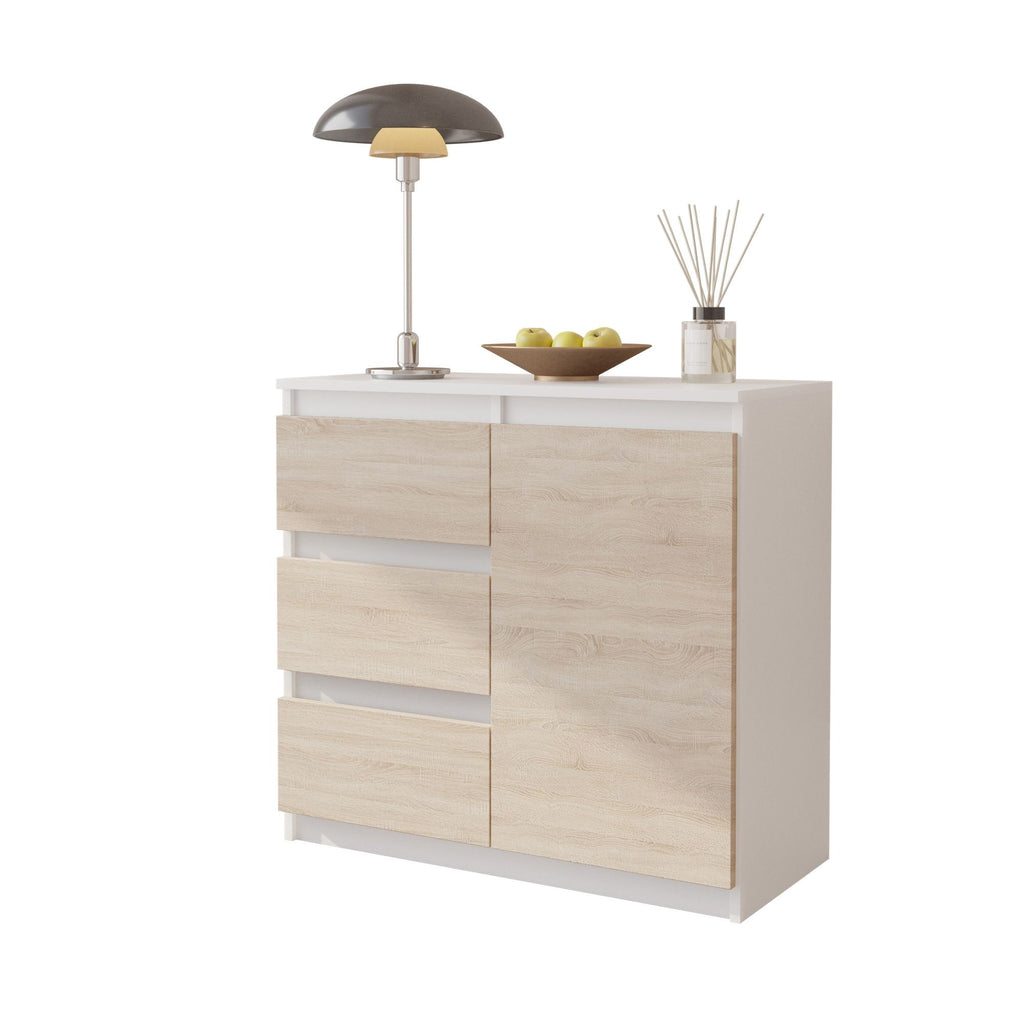MIKEL - Chest of 3 Drawers and 1 Door - Bedroom Dresser Storage Cabinet Sideboard - White Matt / Sonoma Oak H29 1/2" W31 1/2" D13 3/4" - Furnica MIKEL - Chest of 3 Drawers and 1 Door - Bedroom Dresser Storage Cabinet Sideboard - White Matt / Sonoma Oak H29 1/2" W31 1/2" D13 3/4" - Furnica