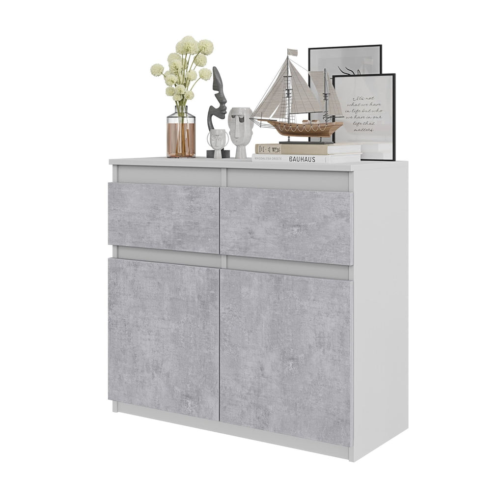 NOAH - Chest of 2 Drawers and 2 Doors - Bedroom Dresser Storage Cabinet Sideboard - White Matt / Concrete H29 1/2" W31 1/2" D13 3/4"