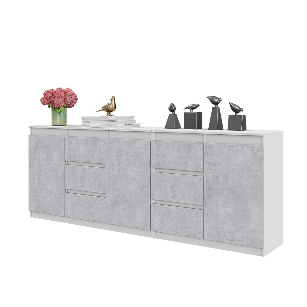 MIKEL - Chest of 6 Drawers and 3 Doors - Bedroom Dresser Storage Cabinet Sideboard - White Matt / Concrete H29 1/2" W78 3/4" D13 3/4"