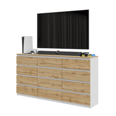 GABRIEL - Chest of 12 Drawers (8+4) - Bedroom Dresser Storage Cabinet Sideboard - White Matt / Wotan Oak H36 3/8" W70 7/8" D13 1/4