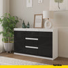 MIKEL - Chest of 3 Drawers and 2 Doors - Bedroom Dresser Storage Cabinet Sideboard - White Matt / Black Gloss H29 1/2" W47 1/4" D13 3/4"