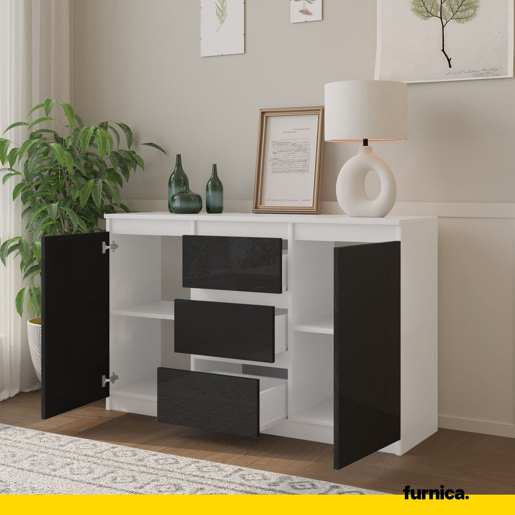 MIKEL - Chest of 3 Drawers and 2 Doors - Bedroom Dresser Storage Cabinet Sideboard - White Matt / Black Gloss H29 1/2" W47 1/4" D13 3/4"