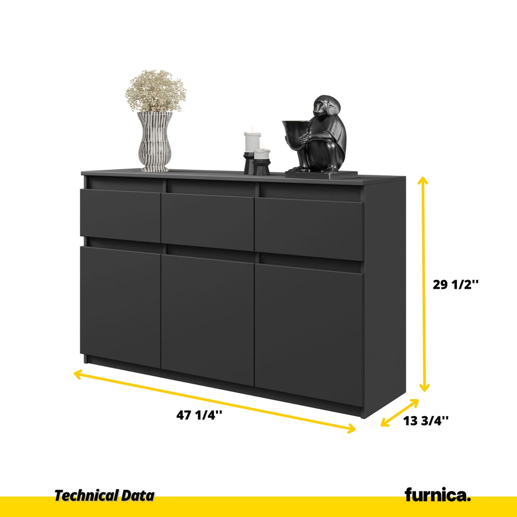 NOAH - Chest of 3 Drawers and 3 Doors - Bedroom Dresser Storage Cabinet Sideboard - Anthracite H29 1/2" W47 1/4" D13 3/4"