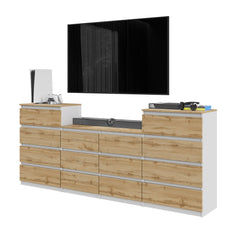 GABRIEL - Chest of 14 Drawers (4+6+4) - Bedroom Dresser Storage Cabinet Sideboard - White Matt / Wotan Oak H36 3/8" W86 5/8" D13 1/4"