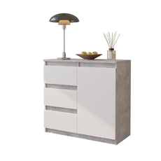 MIKEL - Chest of 3 Drawers and 1 Door - Bedroom Dresser Storage Cabinet Sideboard - Concrete / White Matt H29 1/2" W31 1/2" D13 3/4"