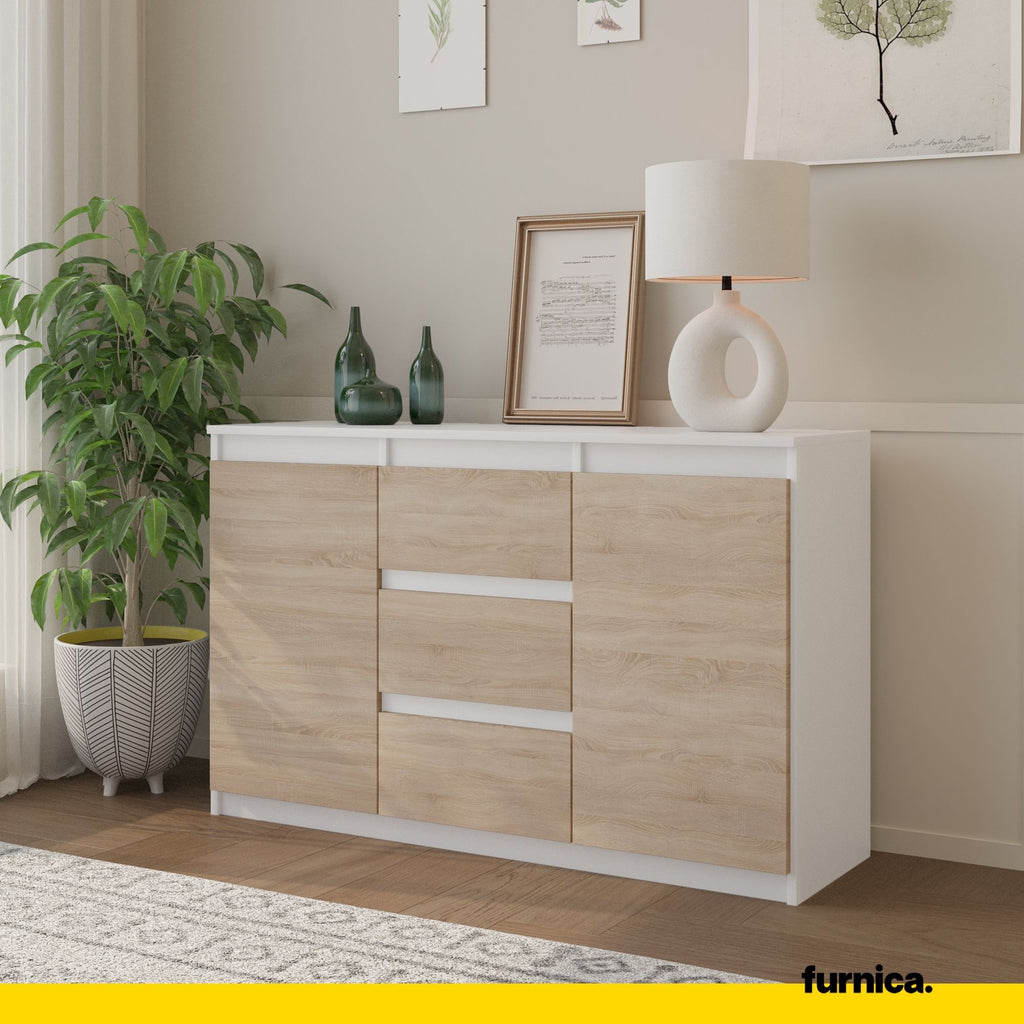 MIKEL - Chest of 3 Drawers and 2 Doors - Bedroom Dresser Storage Cabinet Sideboard - White Matt / Sonoma Oak H29 1/2" W47 1/4" D13 3/4"