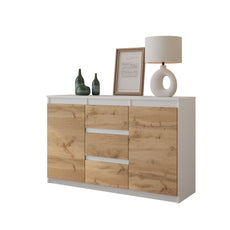 MIKEL - Chest of 3 Drawers and 2 Doors - Bedroom Dresser Storage Cabinet Sideboard - White Matt / Wotan Oak H29 1/2" W47 1/4" D13 3/4"