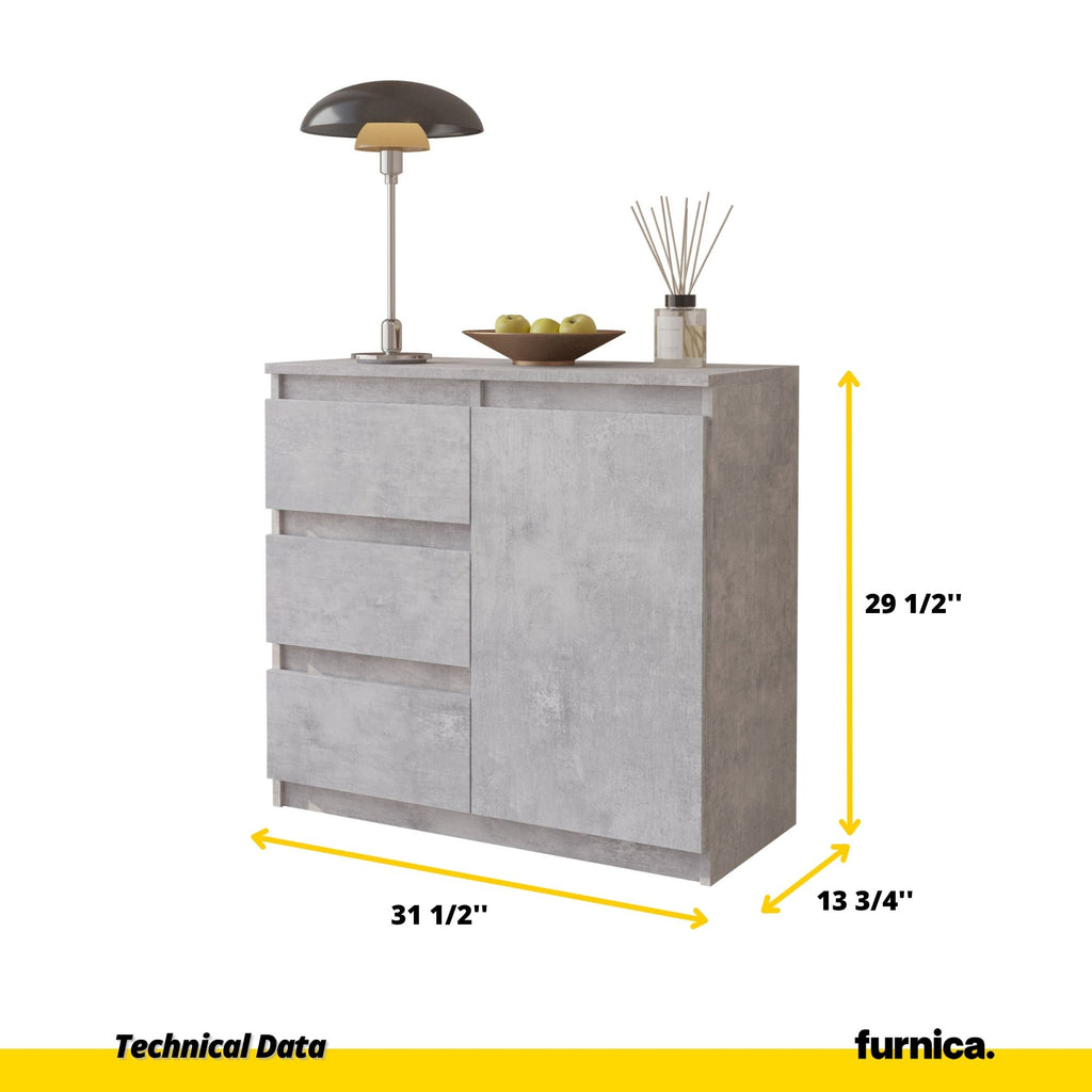 MIKEL - Chest of 3 Drawers and 1 Door - Bedroom Dresser Storage Cabinet Sideboard - Concrete H29 1/2" W31 1/2" D13 3/4"