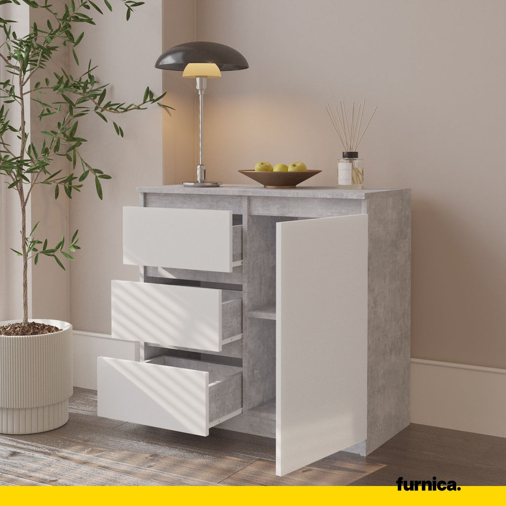 MIKEL - Chest of 3 Drawers and 1 Door - Bedroom Dresser Storage Cabinet Sideboard - Concrete / White Matt H29 1/2" W31 1/2" D13 3/4"