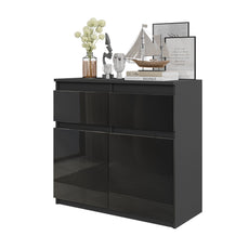 NOAH - Chest of 2 Drawers and 2 Doors - Bedroom Dresser Storage Cabinet Sideboard - Anthracite / Black Gloss H29 1/2" W31 1/2" D13 3/4"